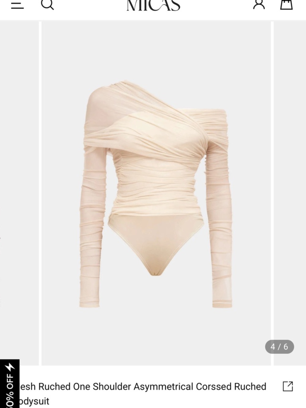 Asymmetrical One-Shoulder Ruched Bodysuit in Neutral Cream